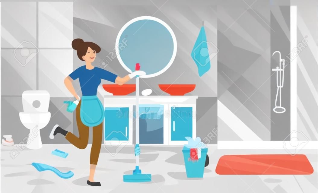 Yound Woman schoonmaken badkamer. Huisvrouw dweilen vloer of wassen met wasmiddel in emmer. Cartoon toilet of badkamer meubels met douche, wastafel of spiegel en plank. Platte vector illustratie.