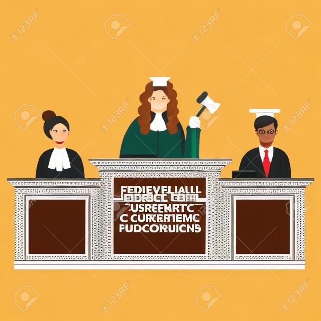 Federal supreme court with judges. Jurisprudence and law concept. Illustration of legal court, judge and justice. Court trial . Flat vector illustration