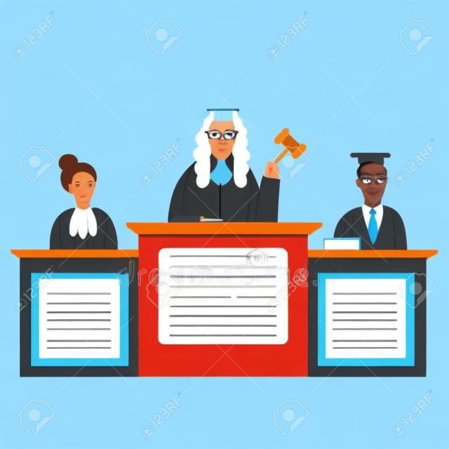 Federal supreme court with judges. Jurisprudence and law concept. Illustration of legal court, judge and justice. Court trial . Flat vector illustration