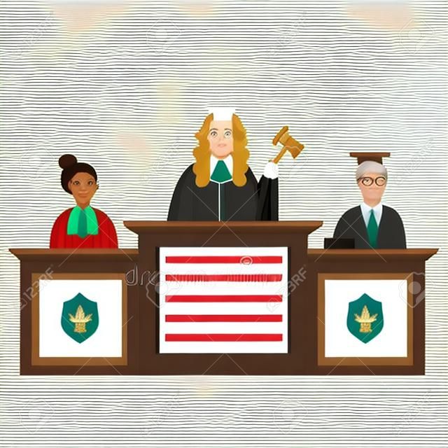 Cour suprême fédérale avec juges. Concept de jurisprudence et de droit. Illustration du tribunal, du juge et de la justice. Tribunal de première instance . Illustration vectorielle plane