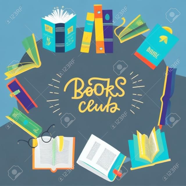 Modern flat simple design banner and ad template for a book festival, reading club, world book day. Circle concept with flying books and lettering text - Books club. Colorful vector illustration
