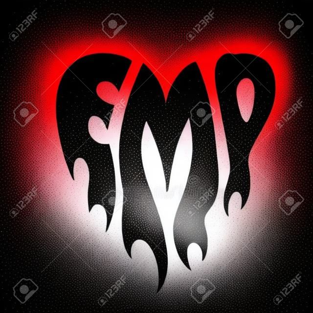 Emo - lettering word in tatoo silhouette style. Hand drawn text in heart shape with flame. Design element for poster, banner, greeting card. Vector simple illustration