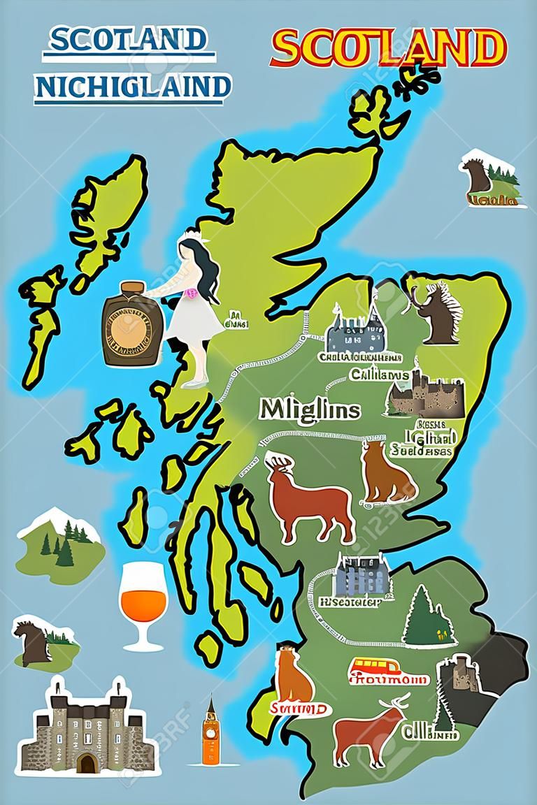 Cartoon-Karte von Schottland. Ikonen mit schottischen Wahrzeichen, berühmten Kulturstätten, Whisky. Hochlandtänzerin und Dudelsackpfeiferin. Schlösser, Nationalpark, Loch Ness und mehr. Vektor.