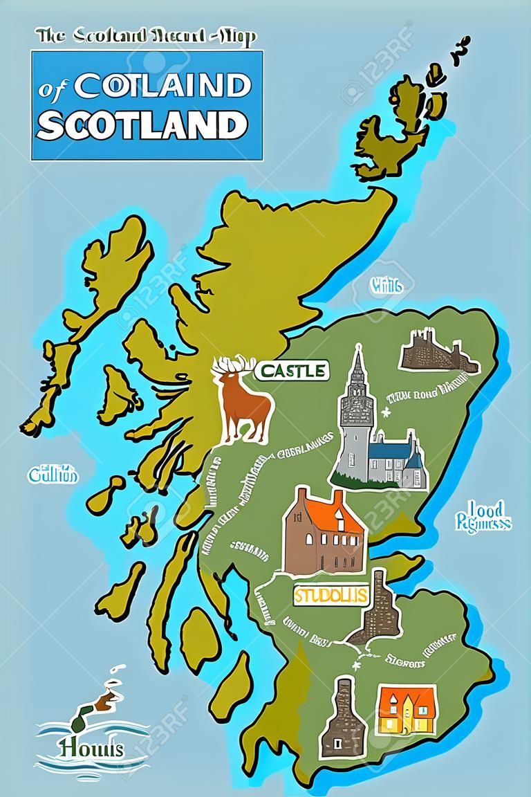 Mapa de dibujos animados de Escocia. Iconos con monumentos escoceses, sitios culturales famosos, whisky. Bailarín y gaitero de las Highlands. Castillos, Parque Nacional, Loch Ness y más. Vector.