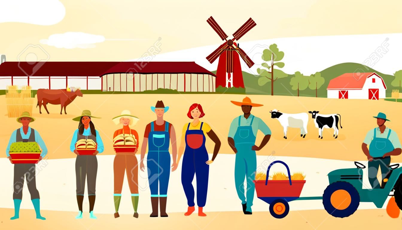 Multiethnic team of farmers working together on the farm background. Farm Panorama. Flat style. Vector illustration.