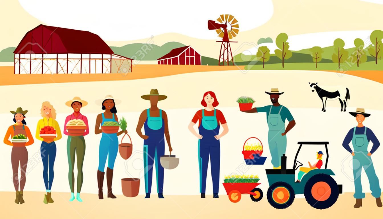 Multiethnic team of farmers working together on the farm background. Farm Panorama. Flat style. Vector illustration.