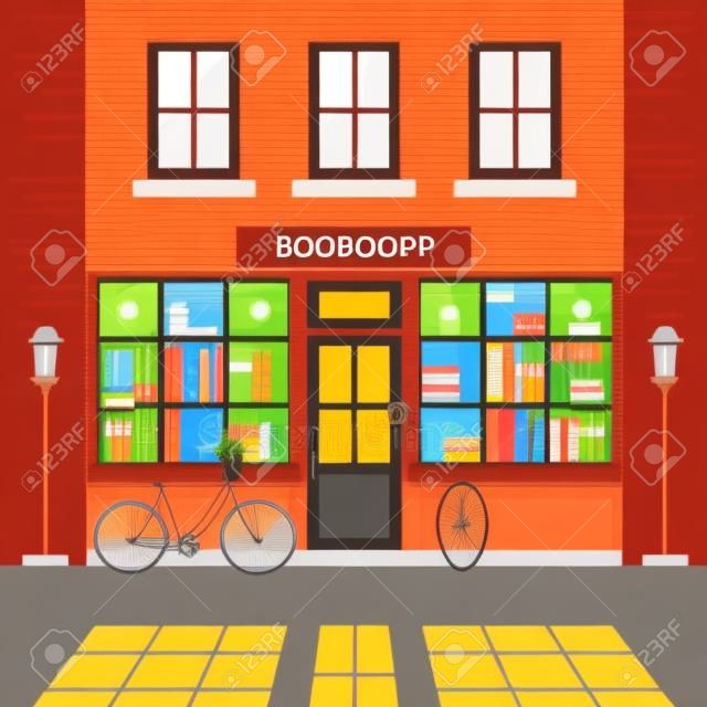 Bookshop, bookstore building facade. A lot of books on the shelves. Beautiful bicycle near the building. Literary shop. Flat style. Vector illustration