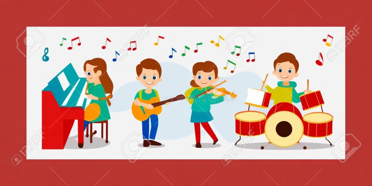 Advertentie van muzieklessen voor kinderen Concept. Happy Talented kinderen spelen percussie, piano, viool, gitaar. Kinderen spelen concert op muziekinstrumenten in groep. cartoon Flat Vector Illustratie.