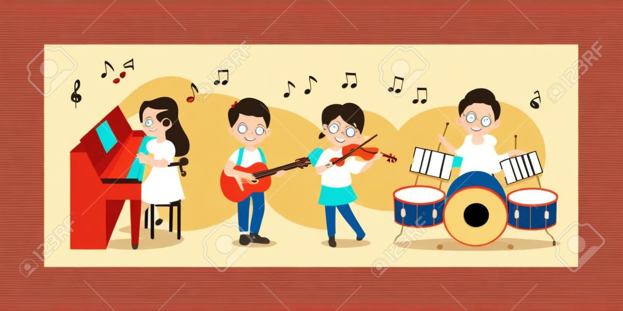 Advertentie van muzieklessen voor kinderen Concept. Happy Talented kinderen spelen percussie, piano, viool, gitaar. Kinderen spelen concert op muziekinstrumenten in groep. cartoon Flat Vector Illustratie.