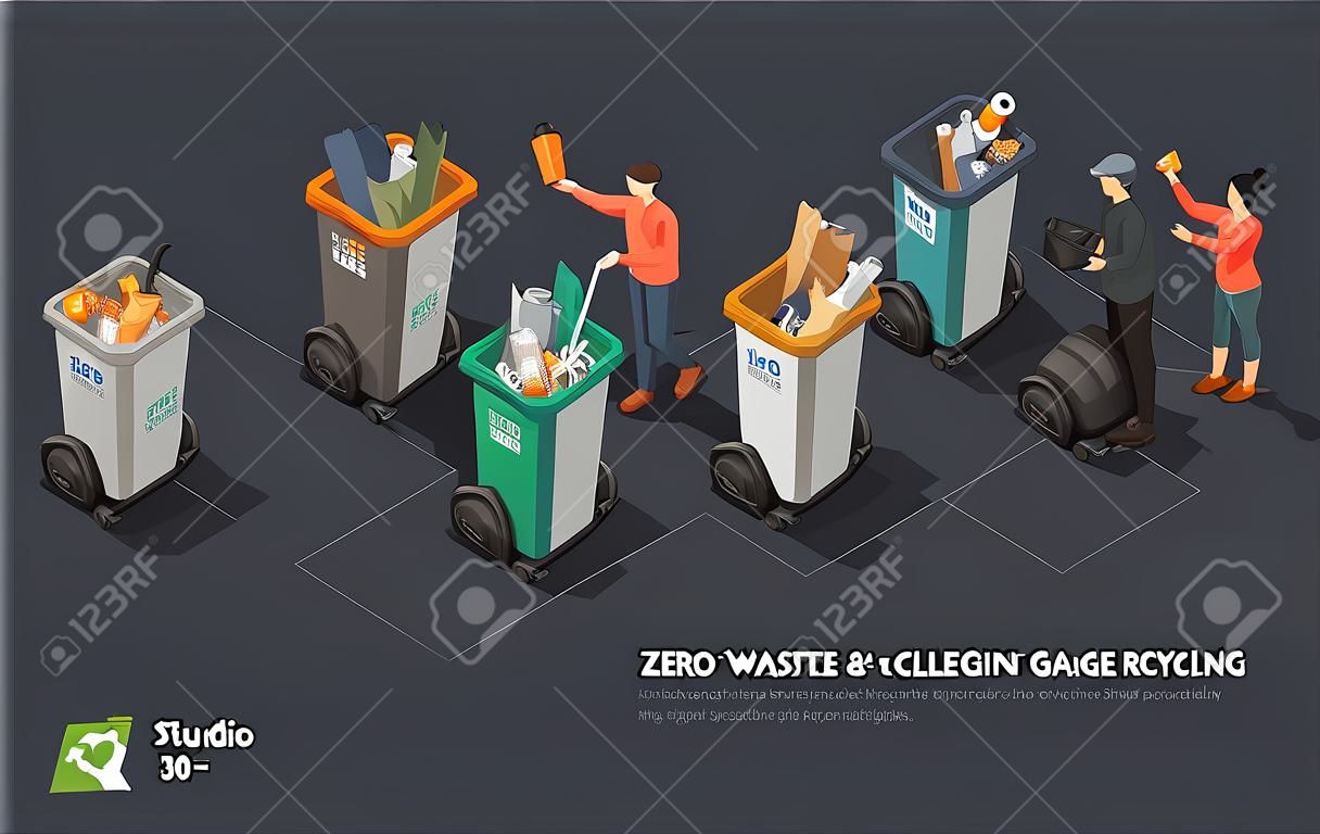 Zero Waste, Recycling Garbage. People Collecting, Sorting Garbage, Collecting Bio, Paper, Plastic, Metal, Electronic Waste, Glass Trash into Recycling Garbage Bin. Isometric 3d Vector Illustration