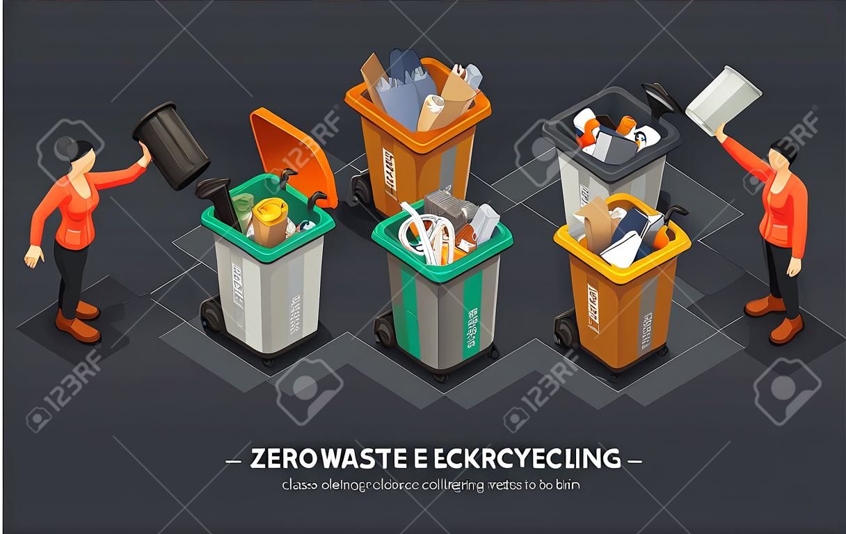 Zero Waste, Recycling Garbage. People Collecting, Sorting Garbage, Collecting Bio, Paper, Plastic, Metal, Electronic Waste, Glass Trash into Recycling Garbage Bin. Isometric 3d Vector Illustration