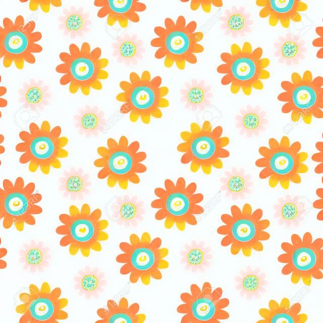 花と70年代のかわいいシームレスなスマイリーフェイスデイジーパターン。花柄のヒッピーのファンキーなベクター画像の背景。布地、織物、包装紙、包装材の作成に最適です。