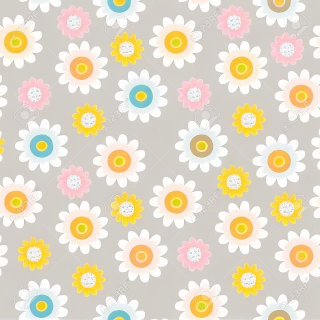 70â€™s cute seamless smiley face daisy pattern with flowers. Floral hippie funky vector background. Perfect for creating fabrics, textiles, wrapping paper, packaging.