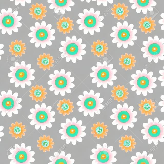 70â€™s cute seamless smiley face daisy pattern with flowers. Floral hippie funky vector background. Perfect for creating fabrics, textiles, wrapping paper, packaging.