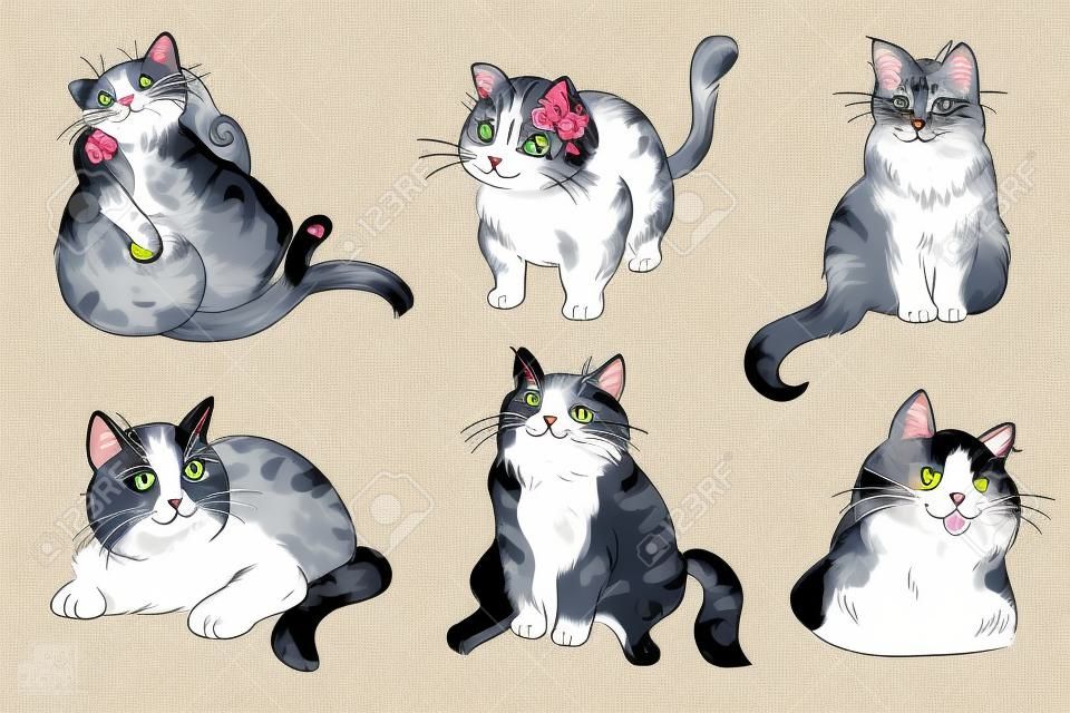 Collection de chats dessinés à la main. Ensemble de pose différent de caractère de chats. Collecte de chats.