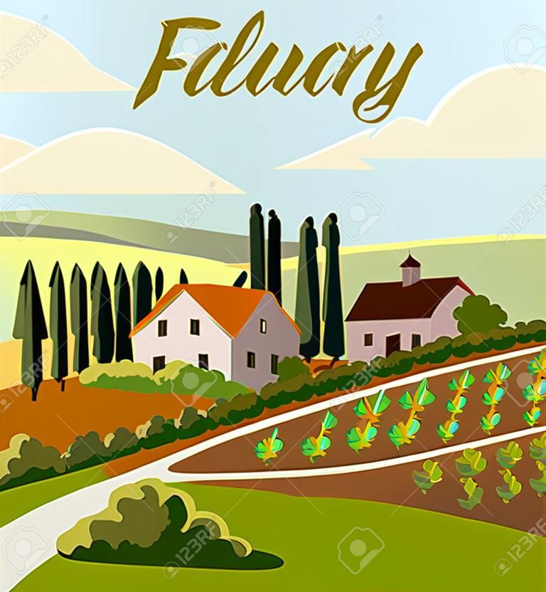 village houses and farmland. color vector illustration