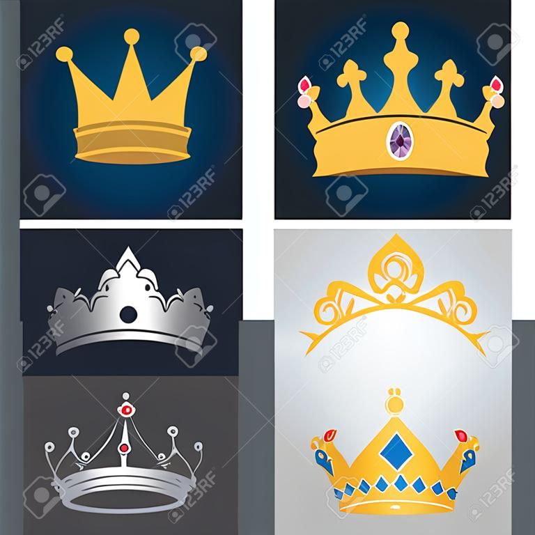 Set van koninklijke kronen op gekleurde achtergronden