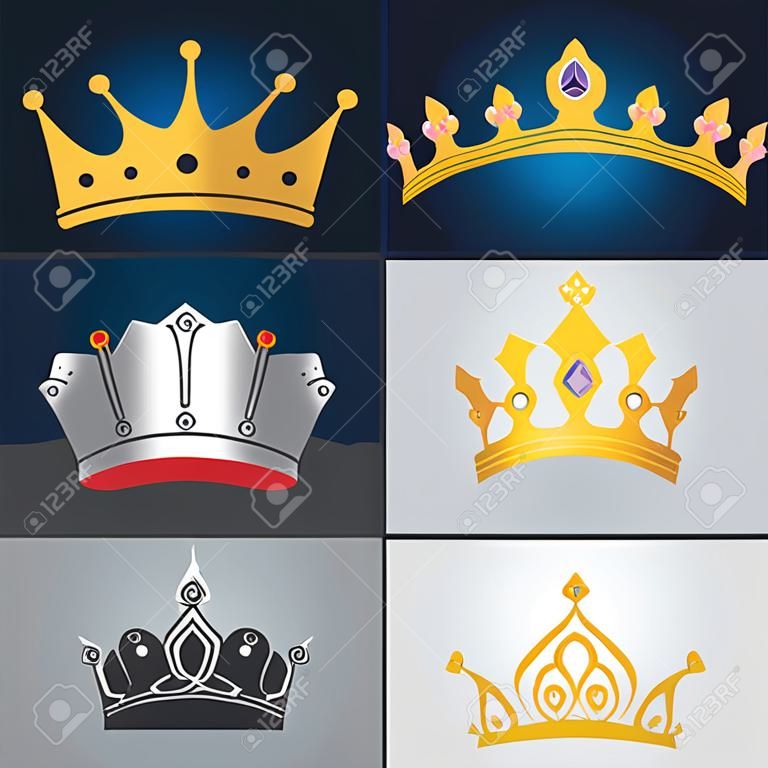Set of royal crowns on colored backgrounds