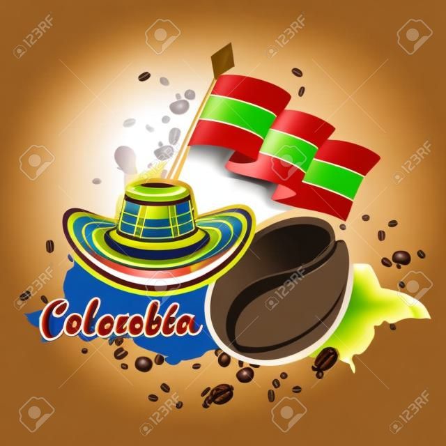 Vlag van Colombia, koffieboon en sombrero vueltiao. Vertegenwoordigende afbeelding van colombia - Vector