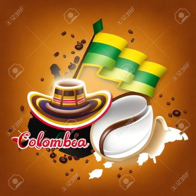 Flag of Colombia, coffee bean and sombrero vueltiao. Representative image of colombia - Vector