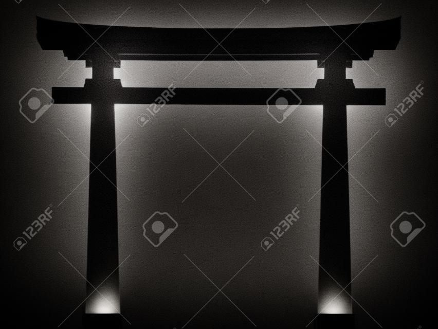 Silueta en blanco y negro de un detalle de la arquitectura tradicional del templo japonés