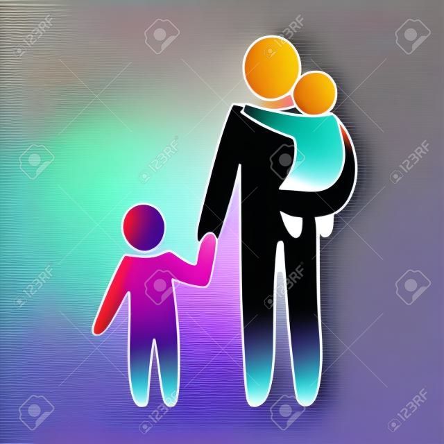 Glücklicher Alleinerziehender und Baby. Symbol mehrfarbig in einfachen Figuren. Symbol der Alleinerziehenden. Vektor kann als Logo verwendet werden.