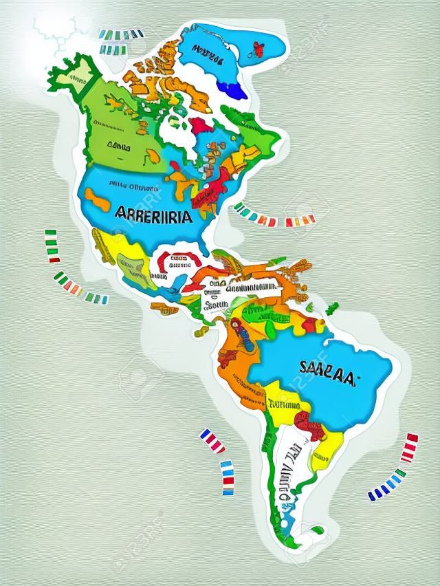 Mapa vetorial desenhado à mão das Américas. Cartografia em estilo de desenho animado colorido da América do Norte e do Sul, incluindo Estados Unidos, Canadá, México, Brasil, Argentina, Cuba, Colômbia, Venezuela...