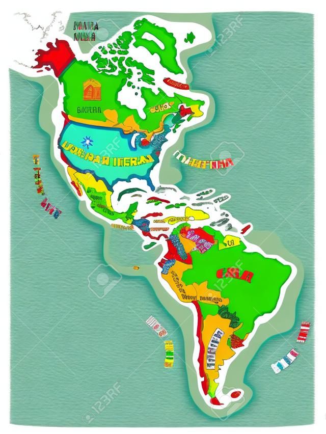 Hand drawn vector map of the Americas. Colorful cartoon style cartography of north and South America including United States, Canada, Mexico, Brazil, Argentina, Cuba, Colombia, Venezuela...