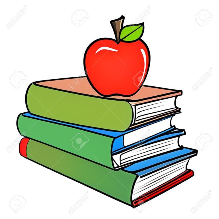 School Books with a Apple - Wektorowa ilustracja kreskówka przedstawiająca kilka podręczników szkolnych i jabłko.