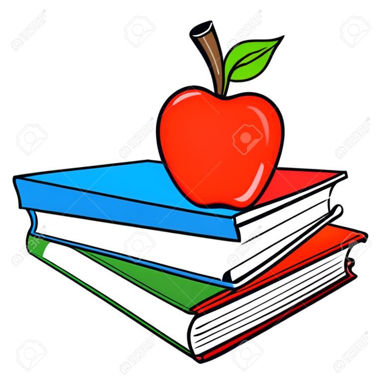 Libri scolastici con una mela - Un fumetto illustrazione vettoriale di alcuni libri scolastici e una mela.