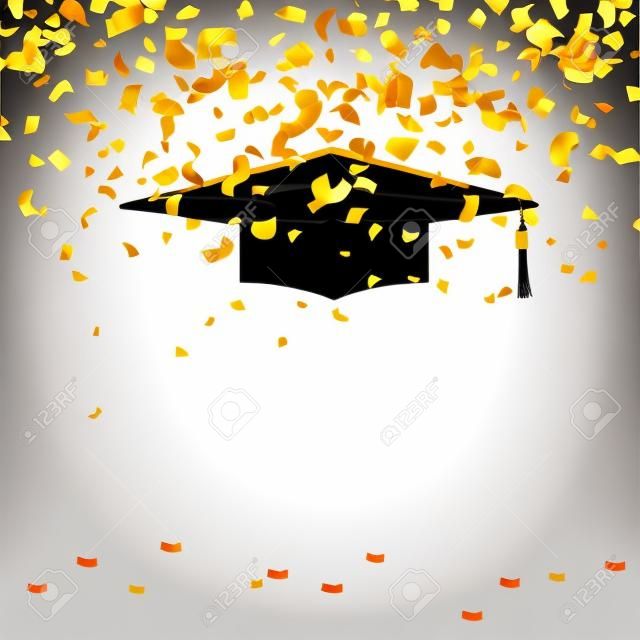 Czapka absolwenta i złote konfetti na białym tle. Ilustracji wektorowych
