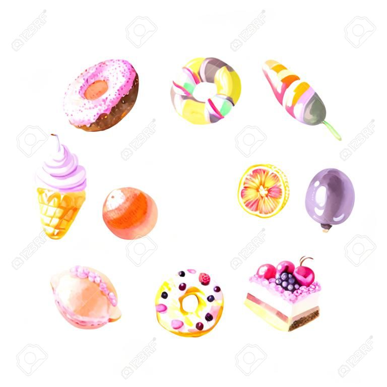 Round frame with hand painted  summer fruits, sweet dessert, cakes, ice cream . Glazed donuts, macaron, orange and berry. Big exotic menu fresh wreath isolated on white