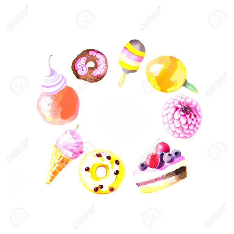 Round frame with hand painted  summer fruits, sweet dessert, cakes, ice cream . Glazed donuts, macaron, orange and berry. Big exotic menu fresh wreath isolated on white