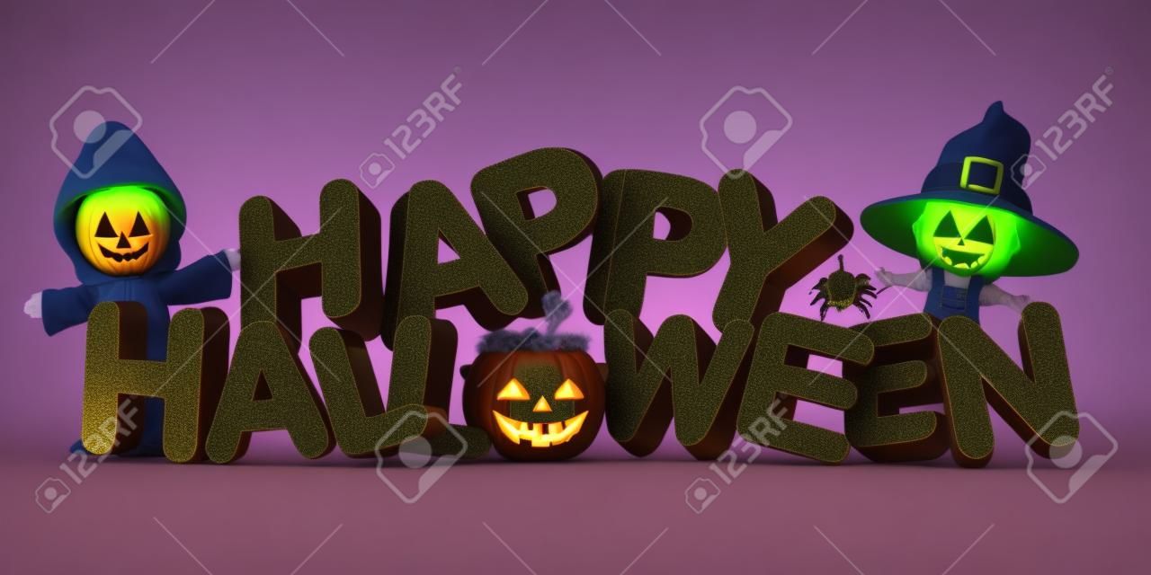 3D-Darstellung von Kindern in Halloween-Kostüm und Wort