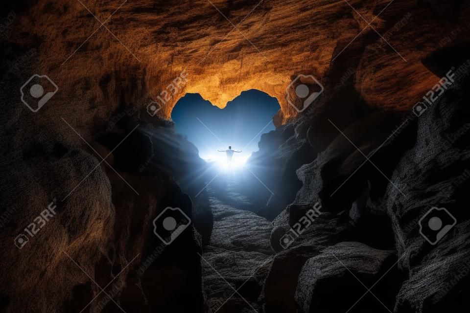 Man stands at heart-shaped opening of a cave and spreads arms