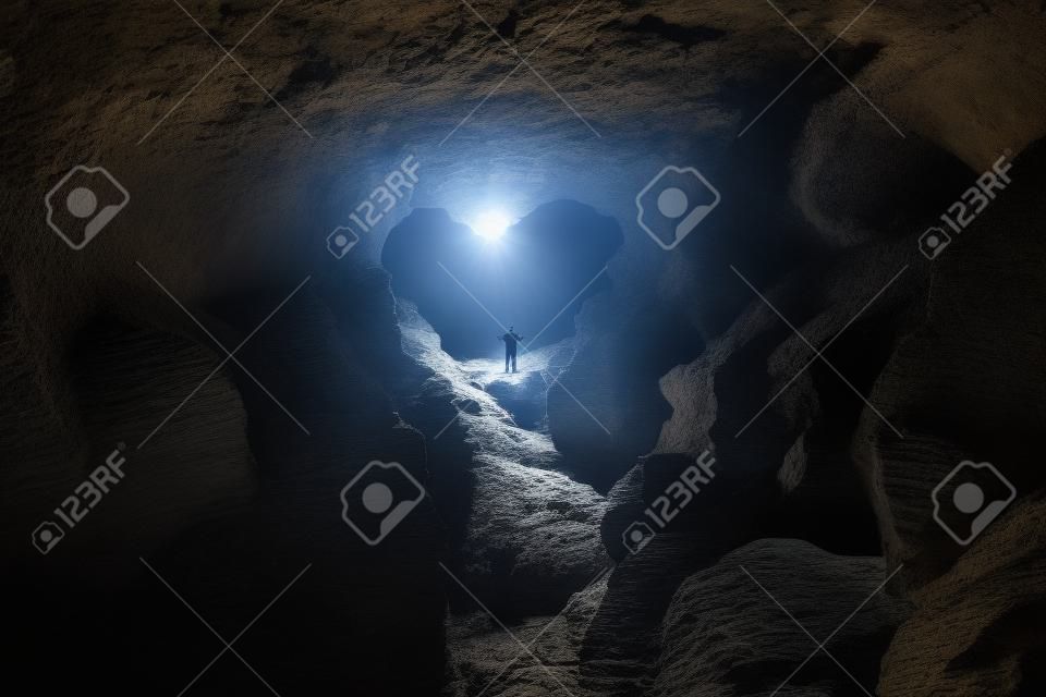El hombre se encuentra en la abertura en forma de corazón de una cueva y extiende los brazos