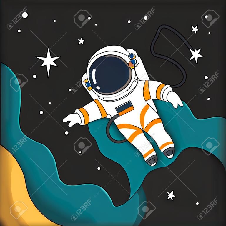 Isolated cute astronaut character flying on space paper art style Vector