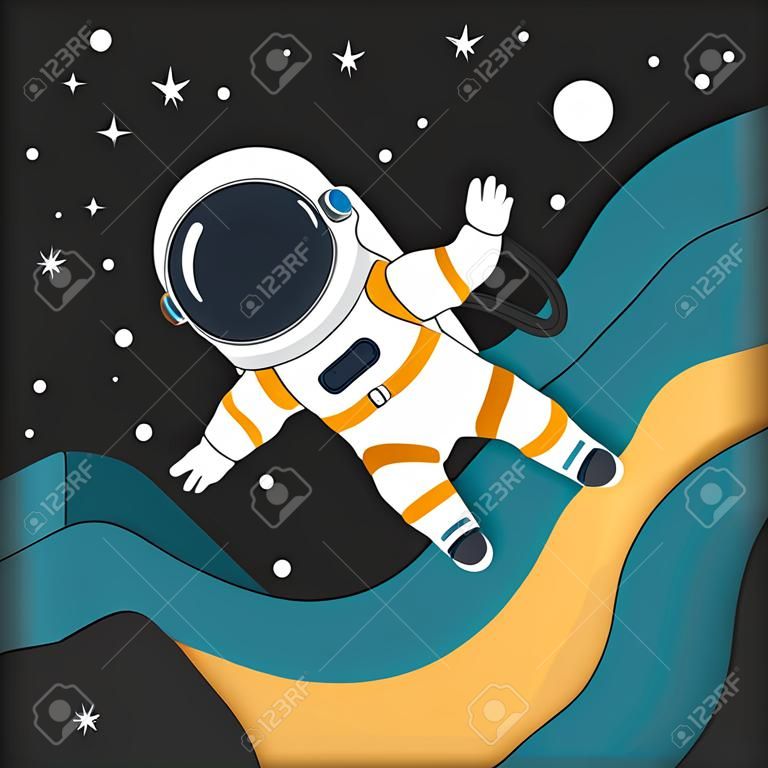 Isolated cute astronaut character flying on space paper art style Vector