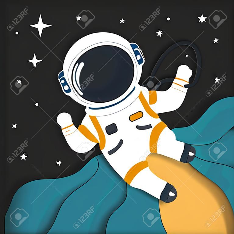 Carattere carino isolato dell'astronauta che vola sul vettore di stile di arte della carta spaziale