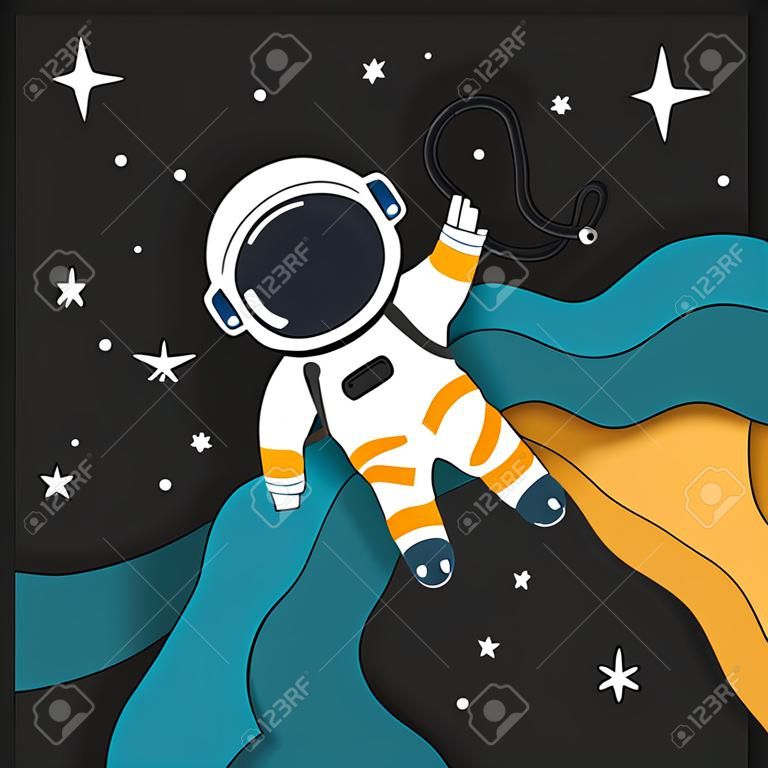 Carattere carino isolato dell'astronauta che vola sul vettore di stile di arte della carta spaziale