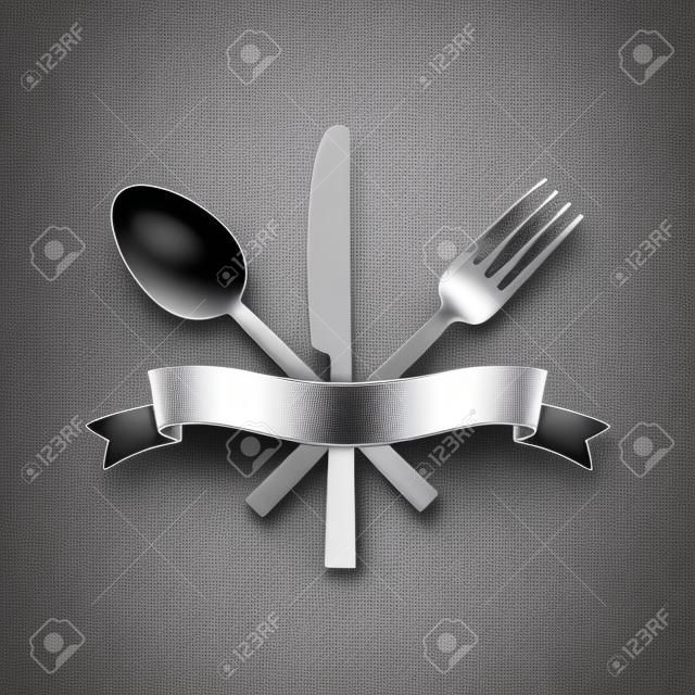 刀，叉，汤匙和丝带在白色背景上。传染媒介例证