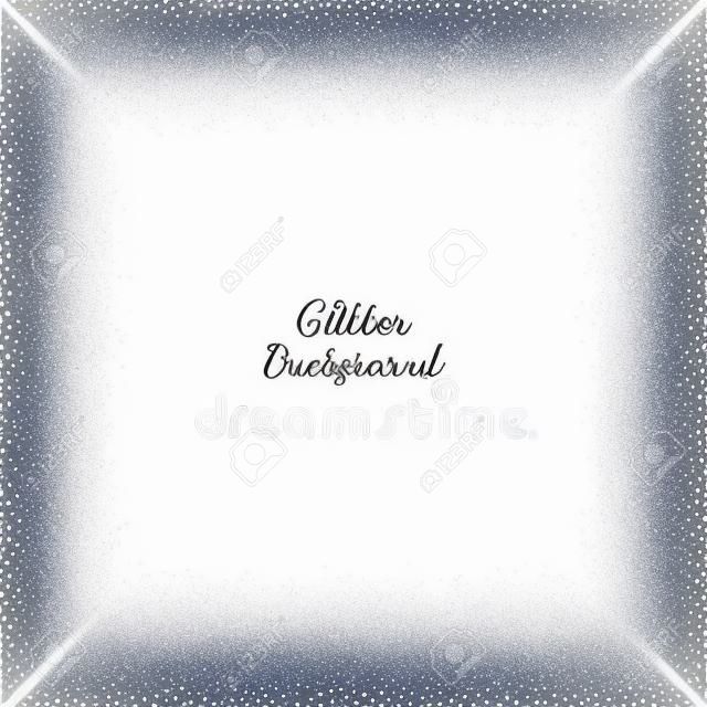 Zilveren glitter met gekleurde hoogtepunten op witte achtergrond, vierkante rand kader vector illustratie.