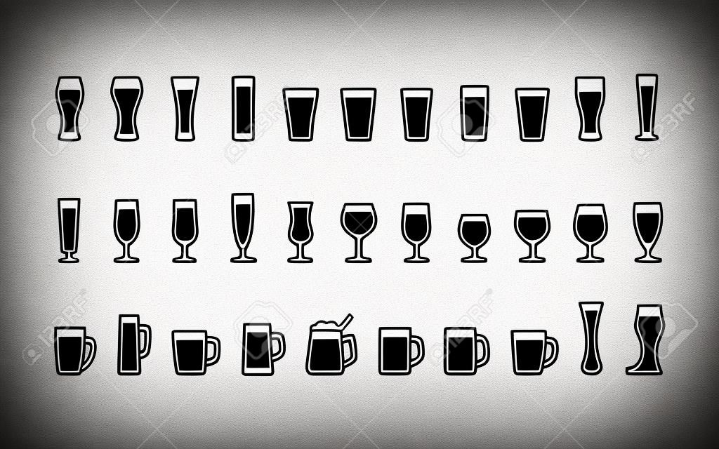 Icônes de verres à bière noir et blanc. Illustration vectorielle