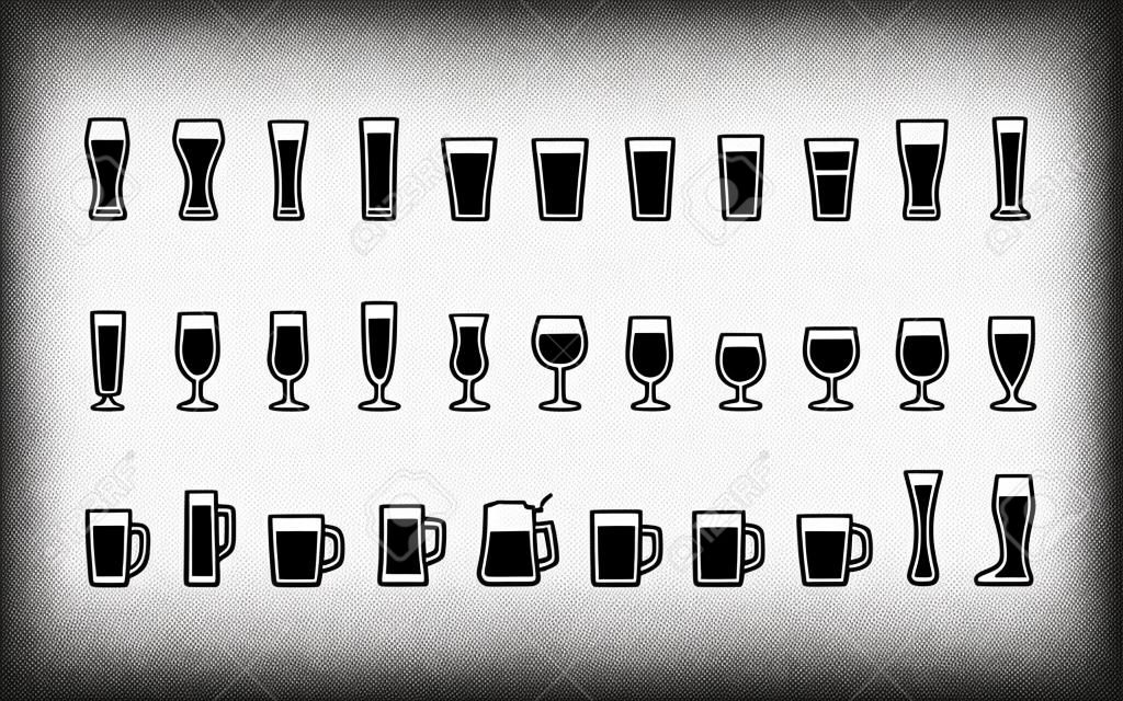 Zwart-wit bier glazen pictogrammen. Vector illustratie