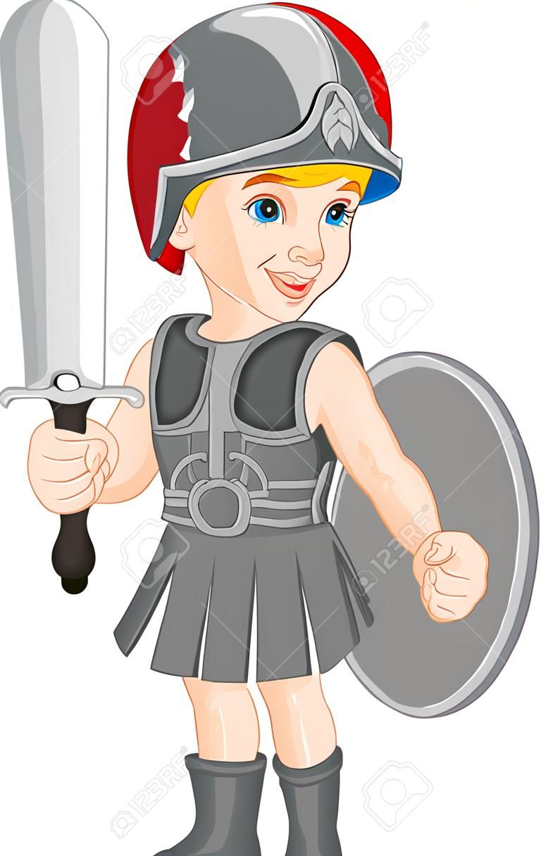 Chłopiec ma na sobie strój żołnierza rzymskiego