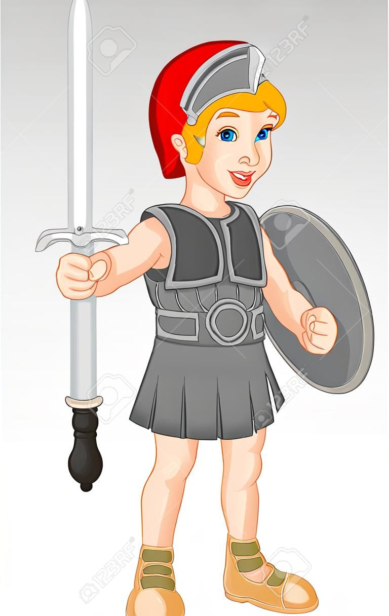 Chłopiec ma na sobie strój żołnierza rzymskiego