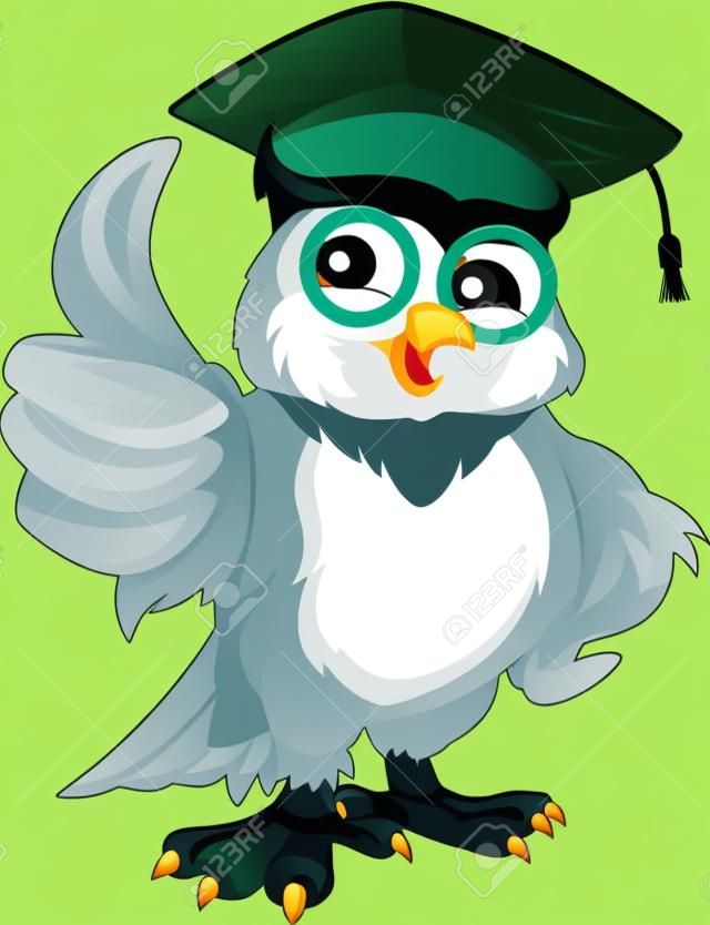ilustração vetorial de coruja vestindo boné de graduação e polegar para cima