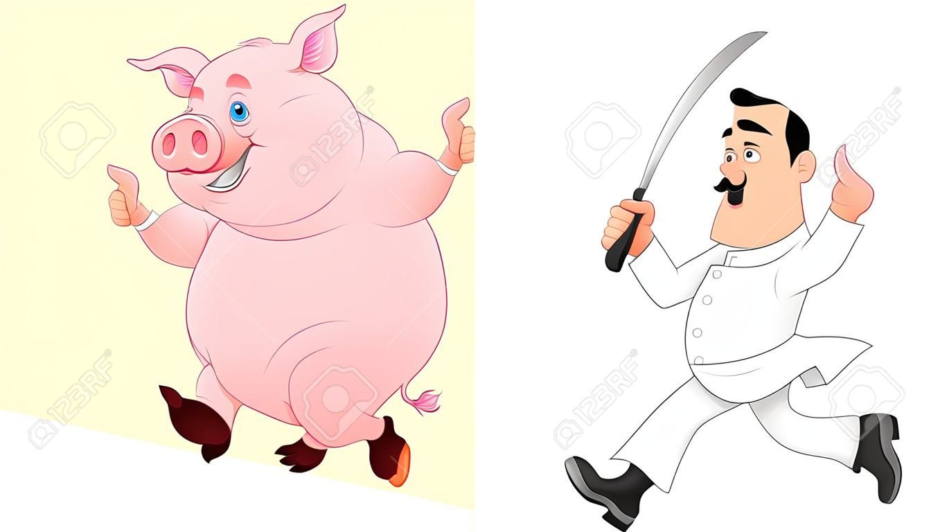 Chef de dibujos animados persiguiendo un cerdo Ilustración vectorial.