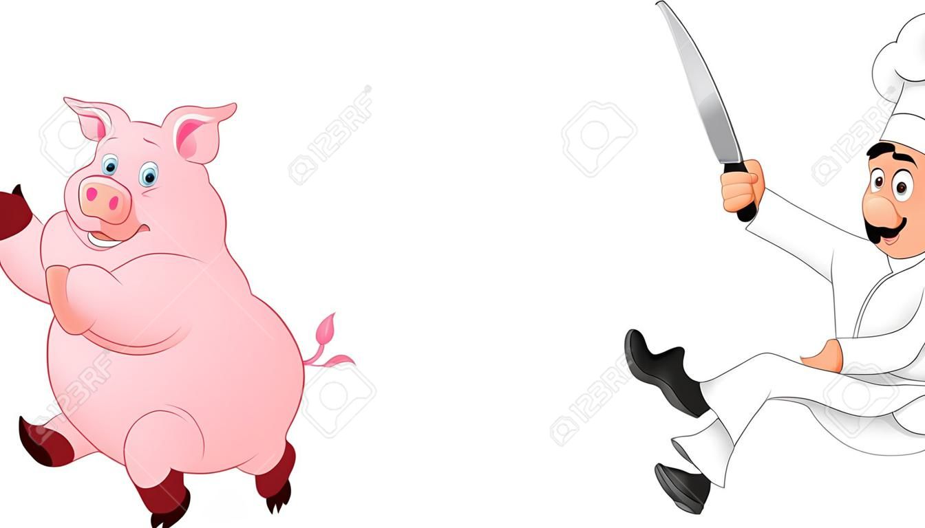 Chef de dibujos animados persiguiendo un cerdo Ilustración vectorial.