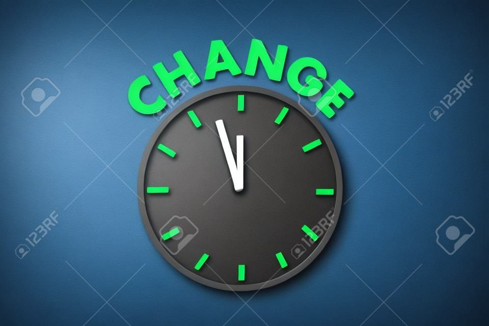 Time to change concept, color word and clock on blackboard